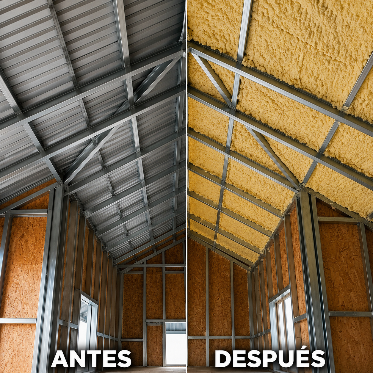 Antes y después de aislación térmica en techumbre